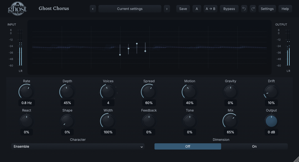 Actual Ghost Chorus Ensemble Field with voice trajectories, incoming waveform, side meters and sixteen controls.