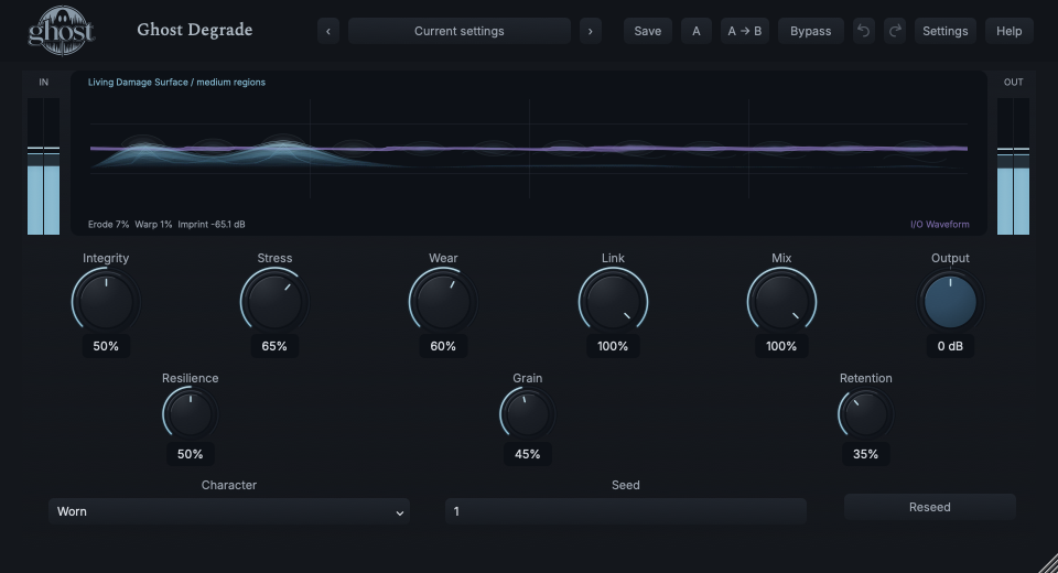 Actual Degrade editor with a blue Living Damage Surface and purple waveform context.