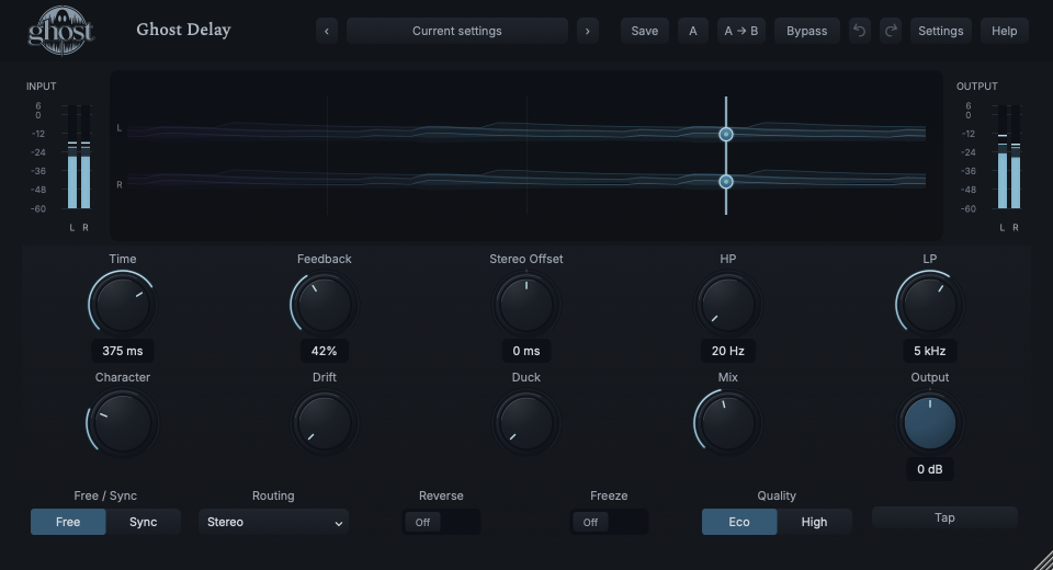 Actual Ghost Delay showing its measured Echo Field, Time/feedback controls, routing, switches and side meters.