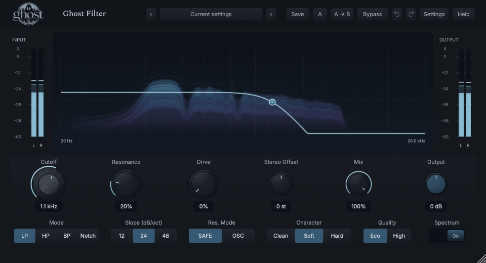Actual Ghost Filter with response curve, live blue/violet input spectrum, side meters and aligned controls.