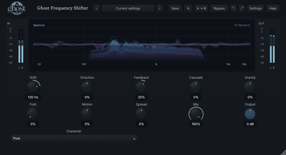 Actual Frequency Shifter Spectral Field with translated generations and I/O waveform context.