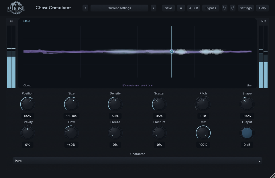 Actual Granulator Temporal Field with captured grain objects and purple I/O waveform context.