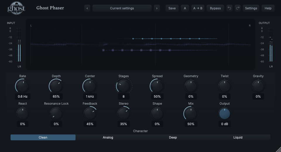 Actual Ghost Phaser Phase Field with real stage nodes, incoming waveform, meters and aligned rotary controls.