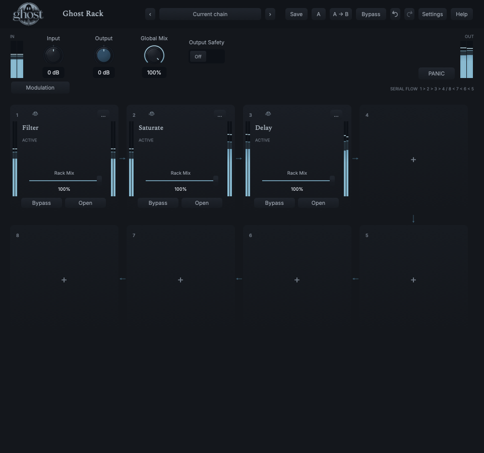 Actual native Ghost Rack showing a three-module serial chain, eight serpentine slots and global controls.