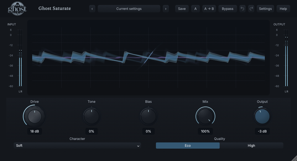 Actual Ghost Saturate Transfer Field with live waveform/transfer information, featured-style Drive face and aligned controls.