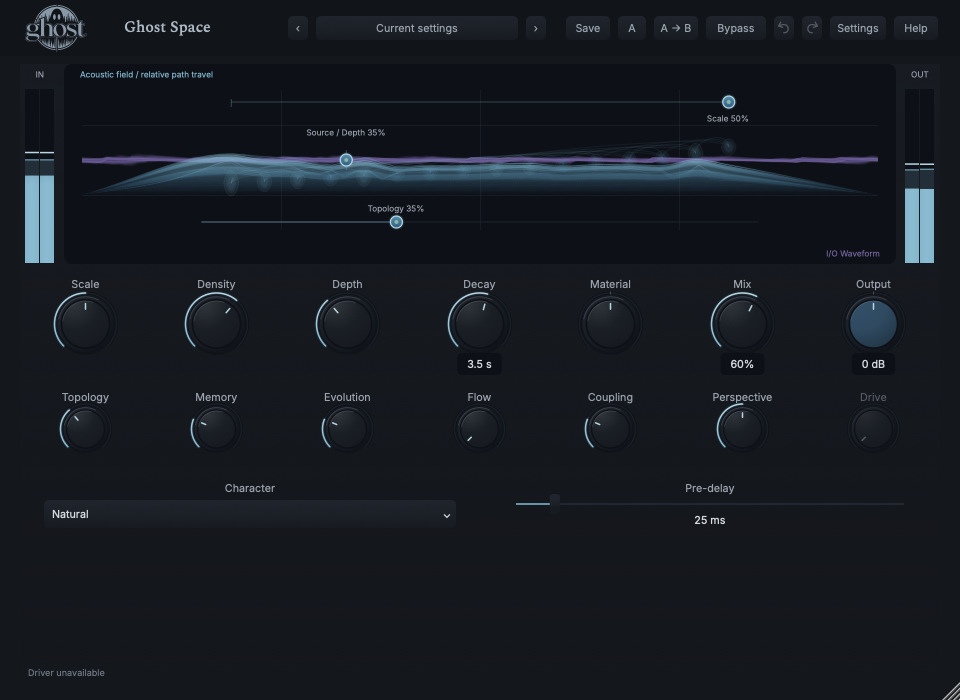 Actual Space Acoustic Field with light-blue path energy, purple waveform context and labelled geometry controls.