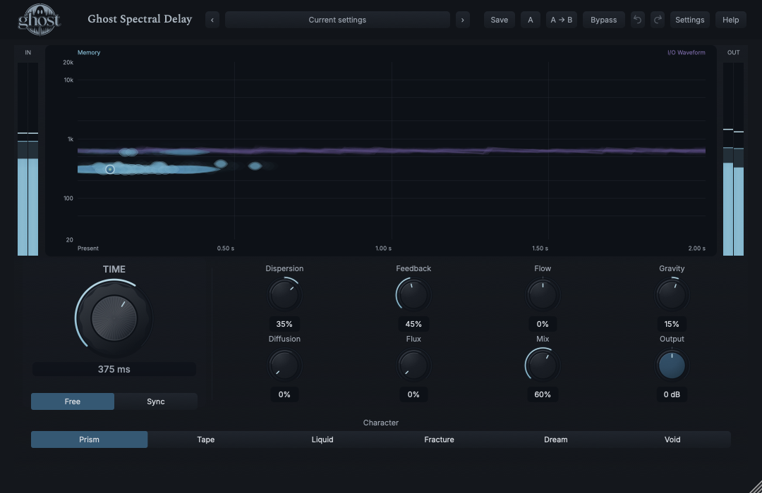 Actual Spectral Delay editor with one Memory Field, featured Time control and balanced secondary controls.