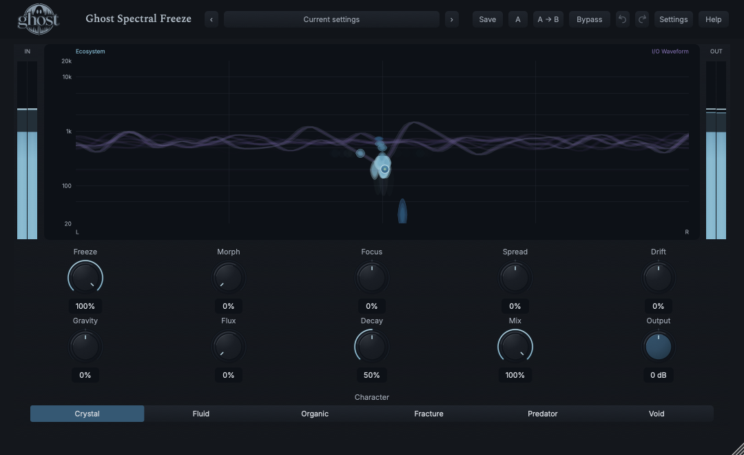 Actual Ghost Spectral Freeze editor: header and presets above one blue ecosystem with purple I/O waveform, input/output meters at its sides, ten rotary controls in two aligned rows and six Character choices below.