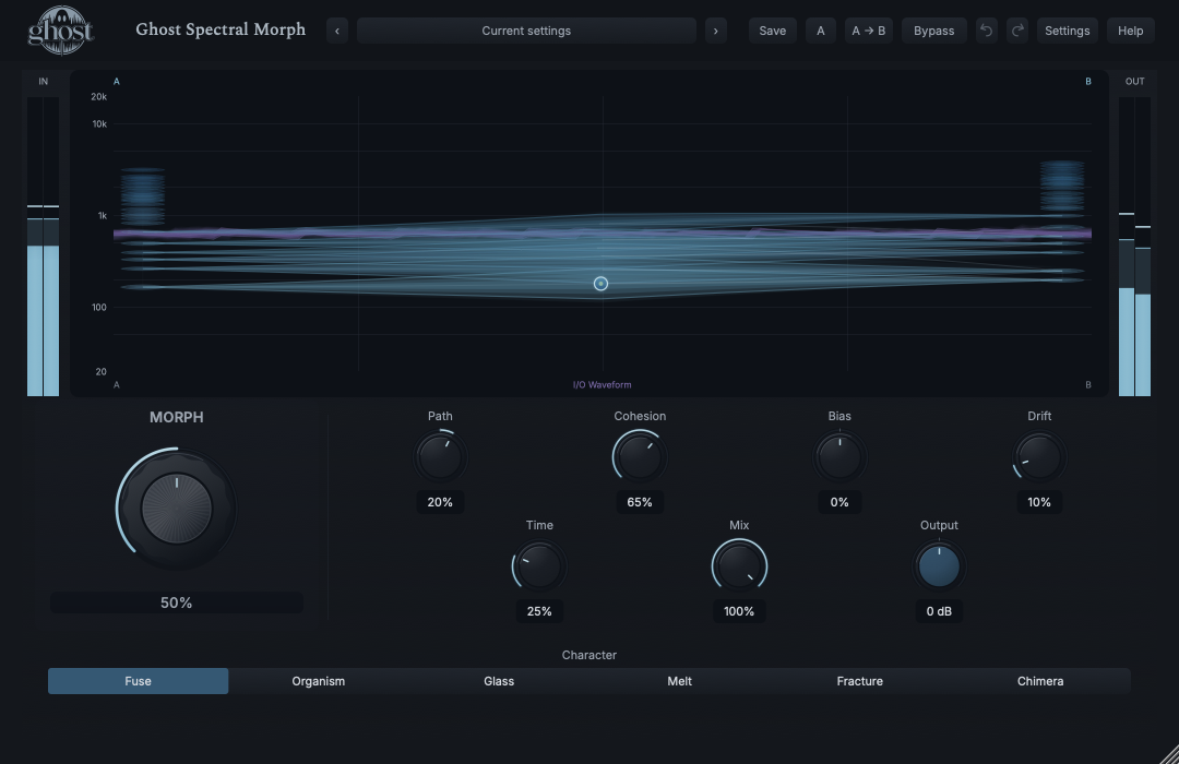 Actual Morph editor with A/B correspondence field, featured Morph knob and purple waveform context.