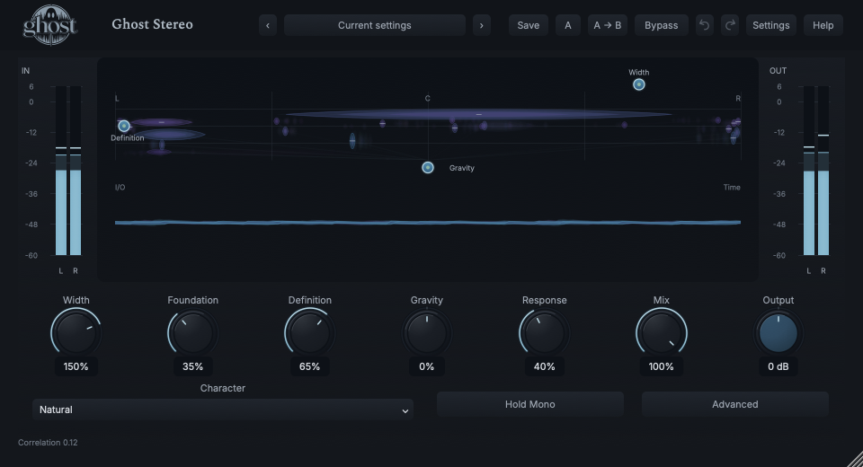 Actual Stereo editor showing a measured spatial field, waveform context and spatial controls.