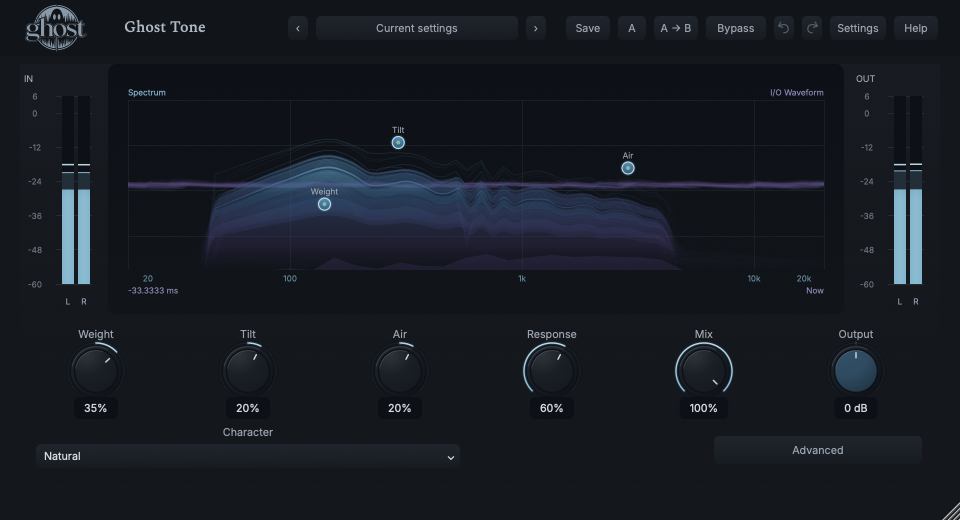 Actual Tone editor with one superimposed spectrum and waveform graph and Weight, Tilt and Air controls.