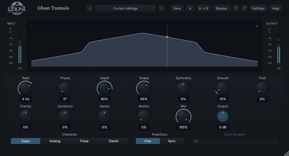 Actual Ghost Tremolo Pulse Field showing measured L/R gain contours, phase and controls.