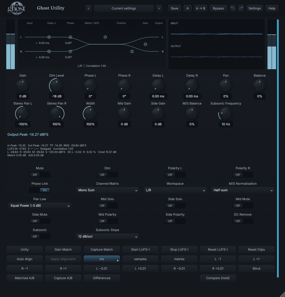 Actual Utility editor showing channel routing geometry, input/output waveform feedback and precision controls.